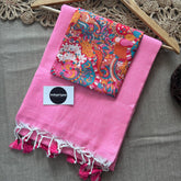 Baby PinkHandloom Cotton Saree With Multi Colour Print Blouse